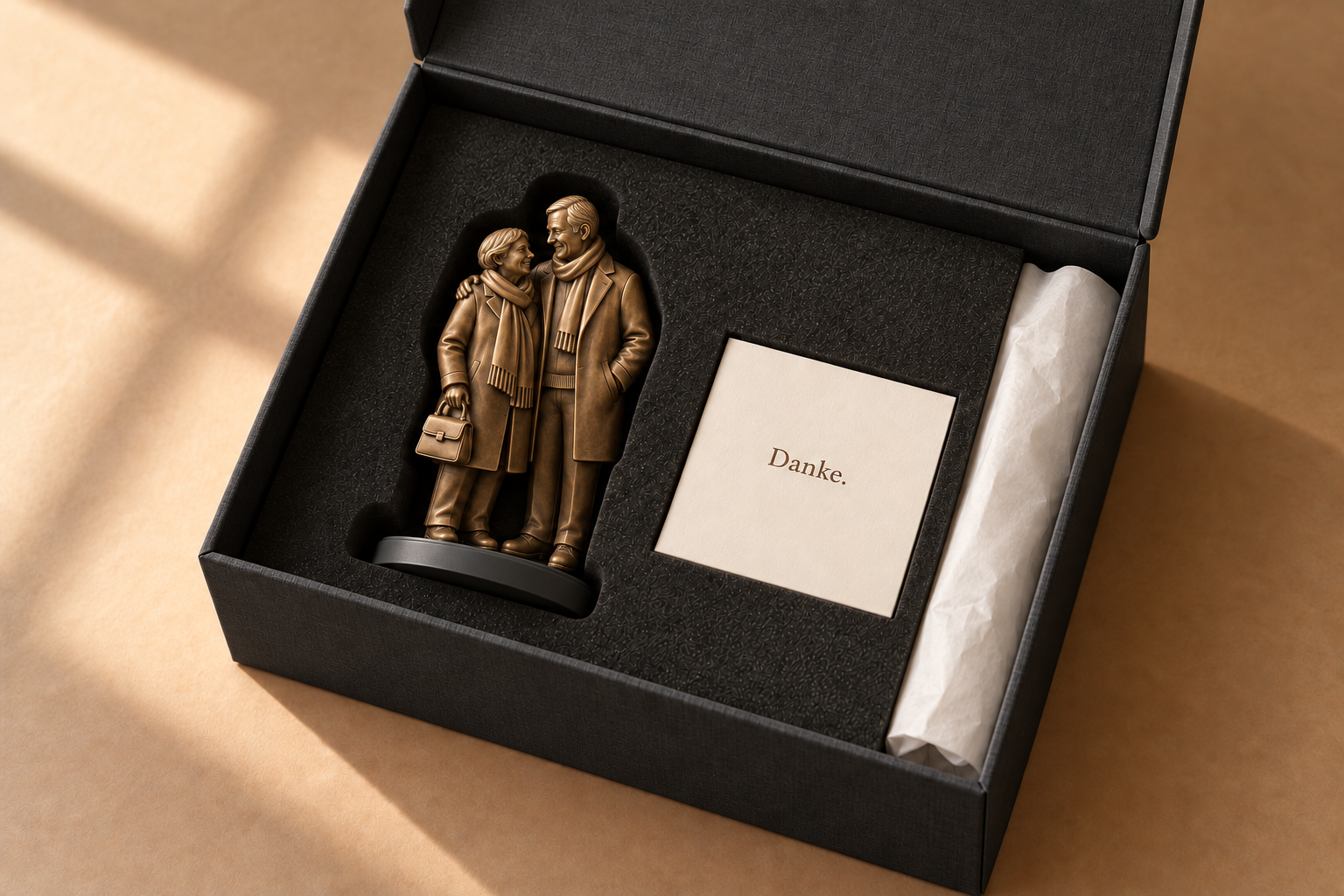 Figur in Bronzeoptik in einer anthrazitfarbenen Geschenkbox mit passgenauem Schaumstoff, Seidenpapier und einer Dankeskarte