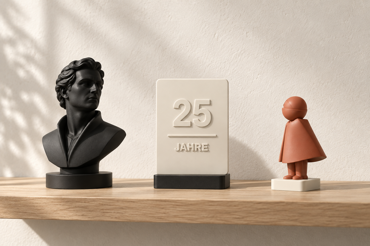 Drei einfarbige Objekte nebeneinander auf einem Regal: eine Büste, eine Tafel und eine kleine Figur